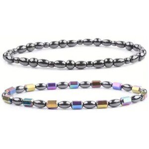 Gun Metal Grey & Iridescent 2 pk Hematite Bead Ankle Bracelet Magnetic Therapy